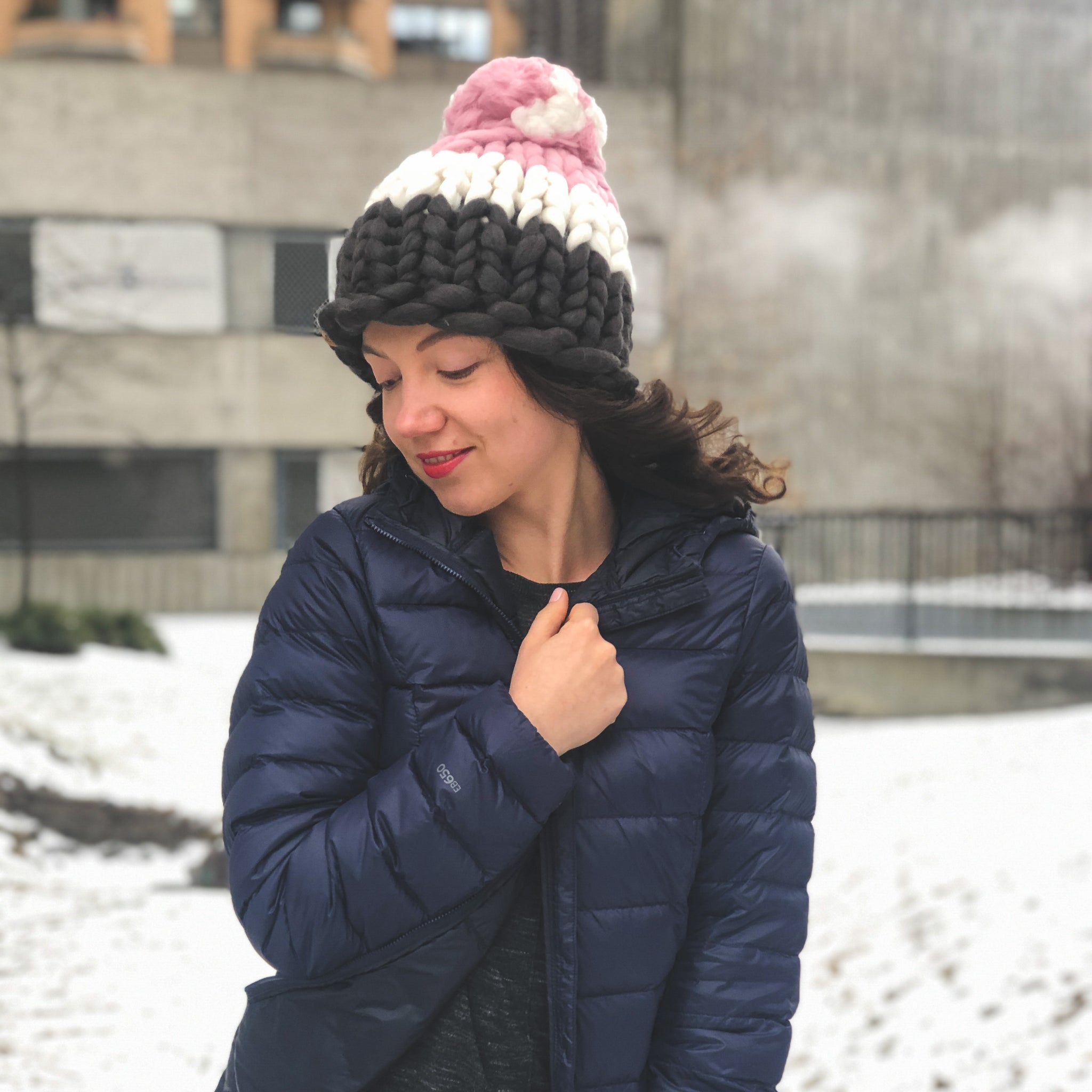 Women’s Dark Rose Winter Ribbed Beanie Hat Chunky Cable Knit Pompom Warm Hot Pink Beanie with Matching Pink Raccoon Pom Pom  main image 3